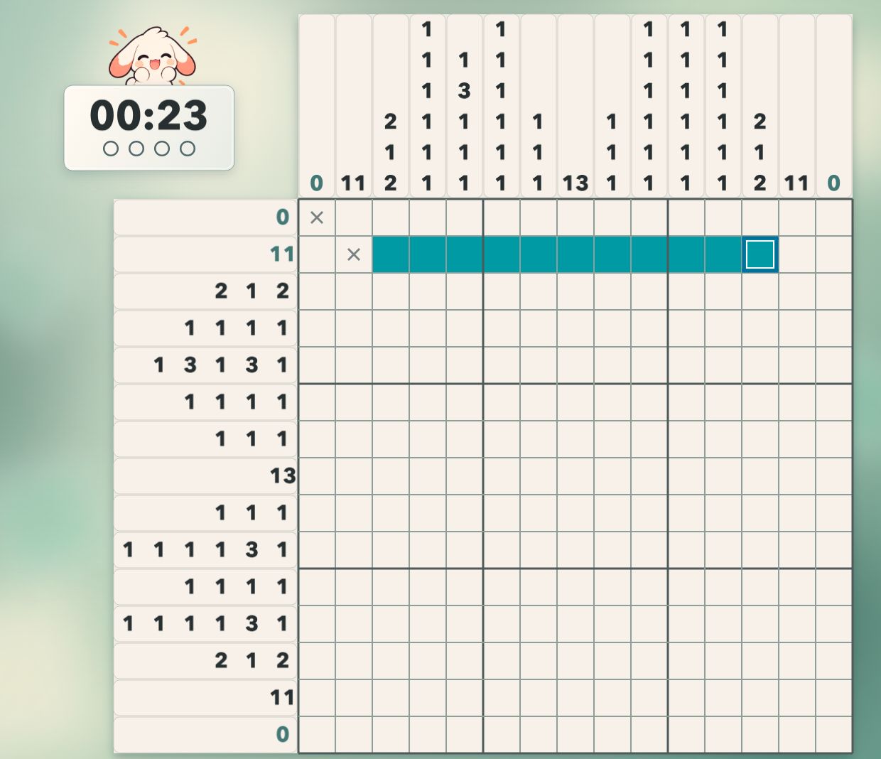 Nono Go puzzle screen with row and column clues, filled squares and X marks