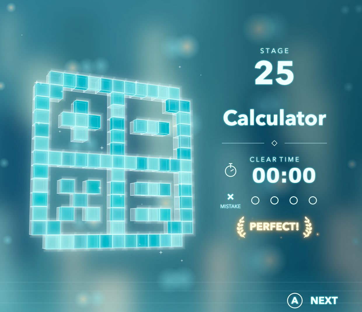 Completed calculator pixel art revealed as luminous cyan cubes